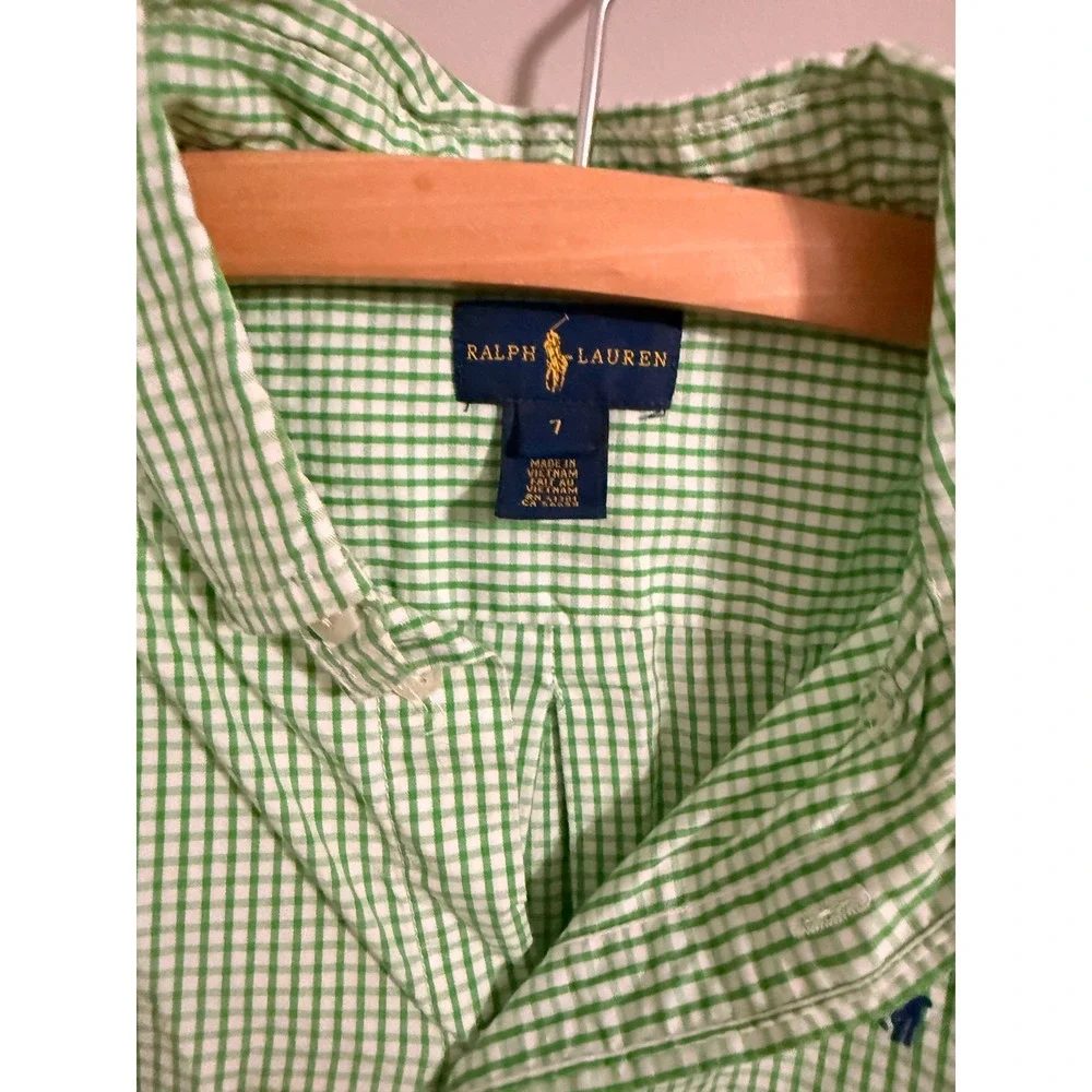 Ralph Lauren Button Down Shirt Boys 7 Green Gingham Plaid Long Sleeve Pony Logo